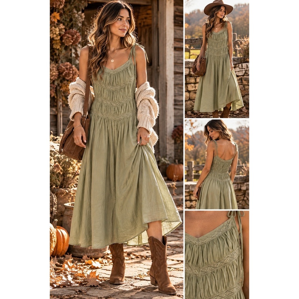 STORIA Sage Green Midi Dress Romantic Cottagecore Prairie Fall Boho Small